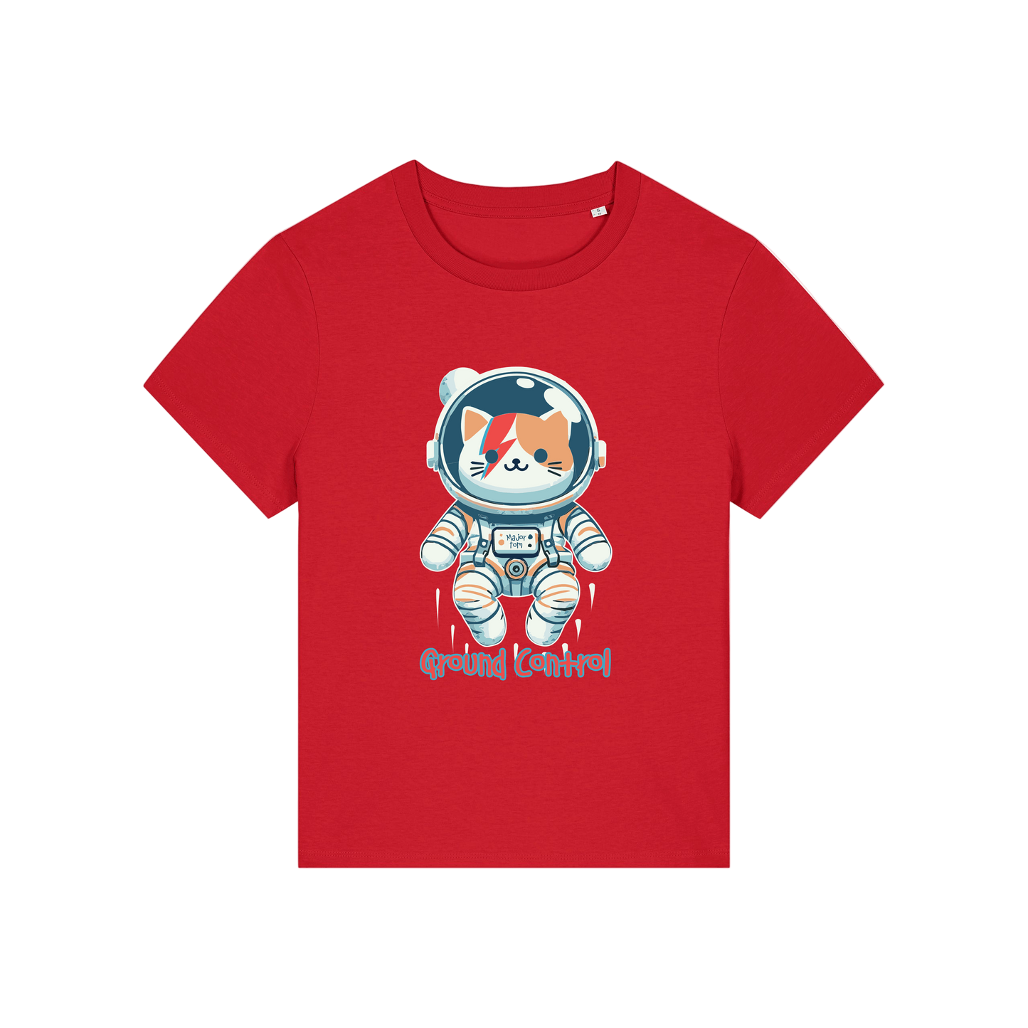 red animal t-shirt with the graphic of a cat dressed as an astronaut and the slogan 'major tom'