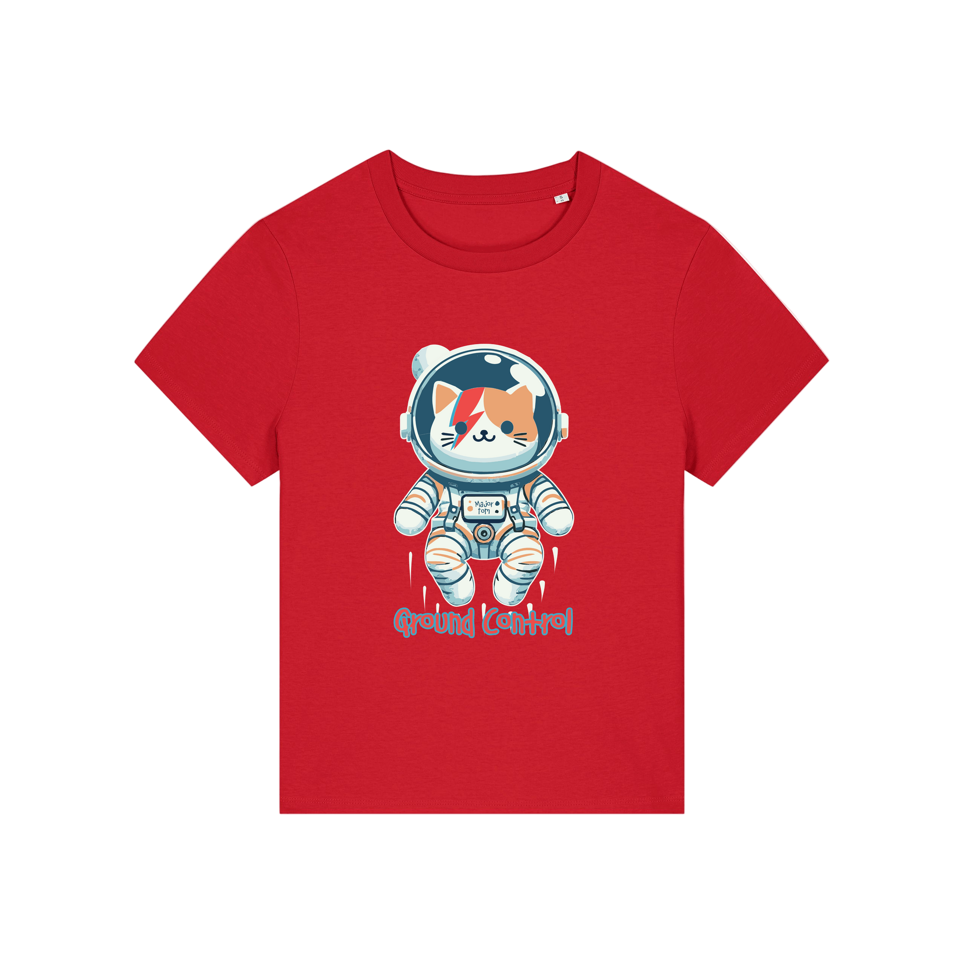 red animal t-shirt with the graphic of a cat dressed as an astronaut and the slogan 'major tom'