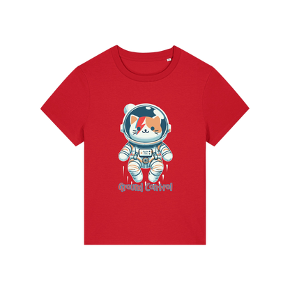 red animal t-shirt with the graphic of a cat dressed as an astronaut and the slogan 'major tom'