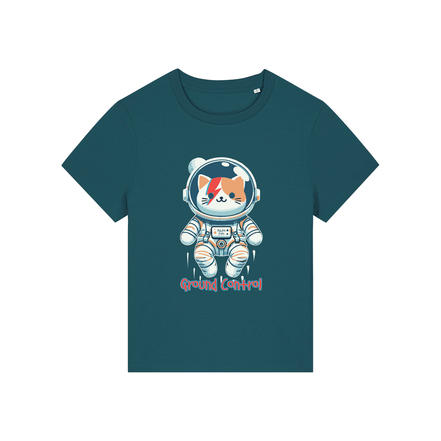 teal animal t-shirt with the graphic of a cat dressed as an astronaut and the slogan 'major tom'