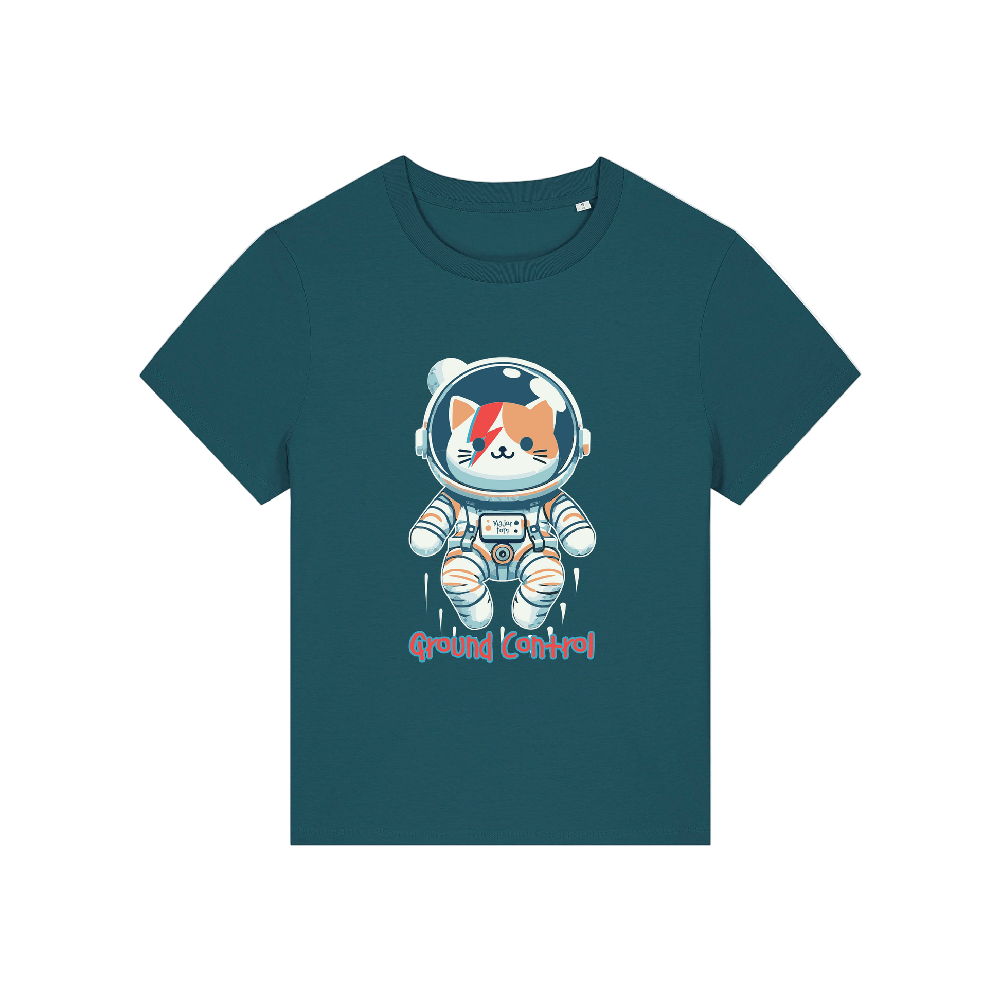 teal animal t-shirt with the graphic of a cat dressed as an astronaut and the slogan 'major tom'
