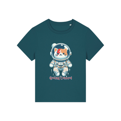 teal animal t-shirt with the graphic of a cat dressed as an astronaut and the slogan 'major tom'
