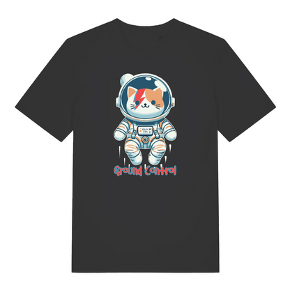 black funny cat t-shirt with the graphic of a cat dressed as an astronaut and the slogan 'ground control'