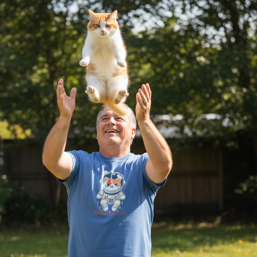 Man tossing a cat in the air outdoors with trees in the background