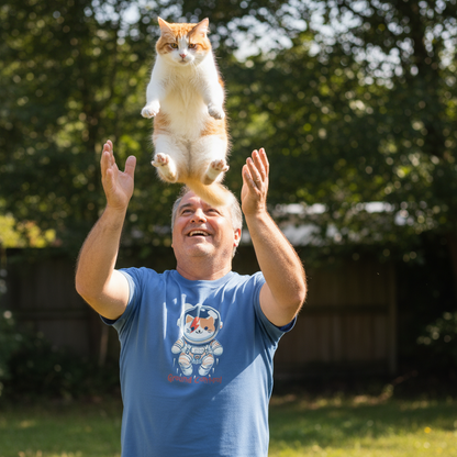 Man tossing a cat in the air outdoors with trees in the background