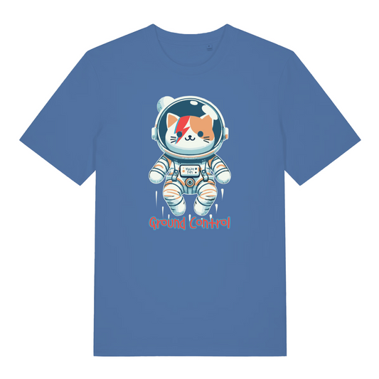 blue funny cat t-shirt with the graphic of a cat dressed as an astronaut and the slogan 'ground control'
