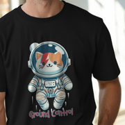 Black cute cat t-shirt with a cat called major tom in an astronaut suit design and 'Ground Control' slogan.