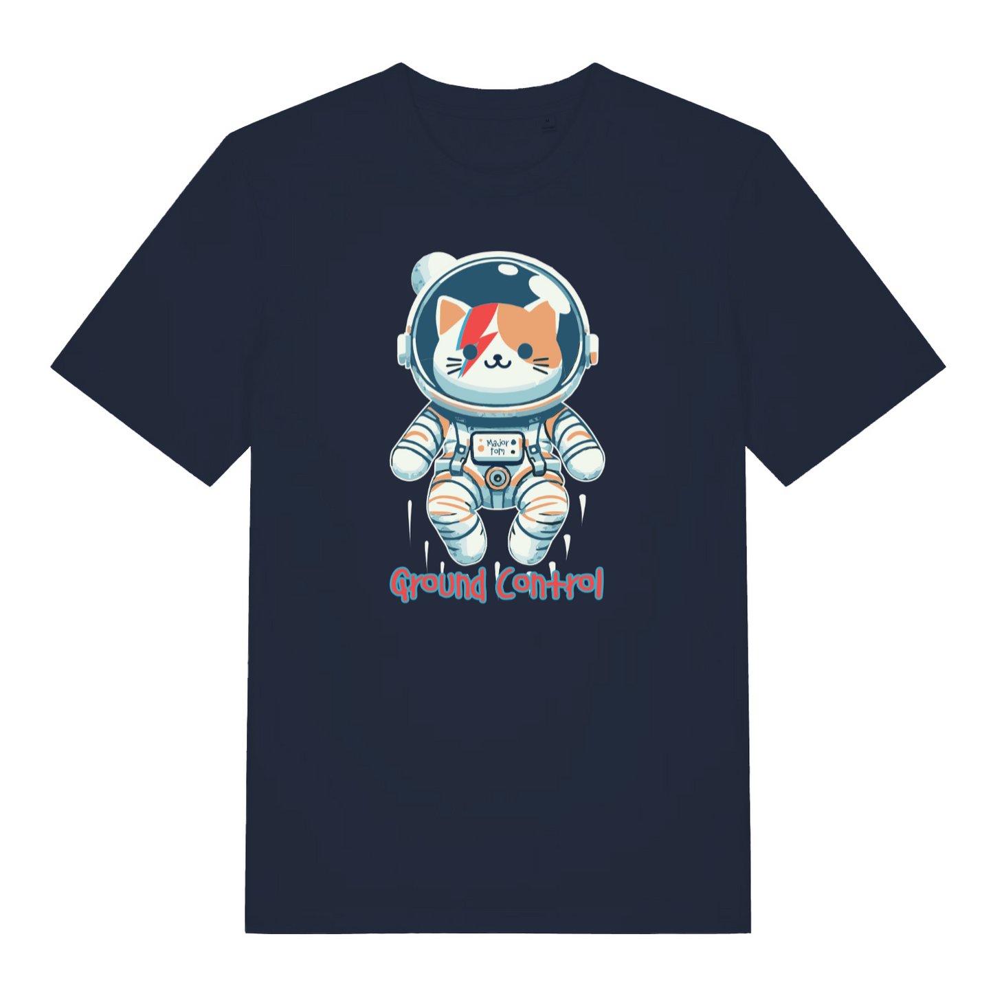 navy funny cat t-shirt with the graphic of a cat dressed as an astronaut and the slogan 'ground control'