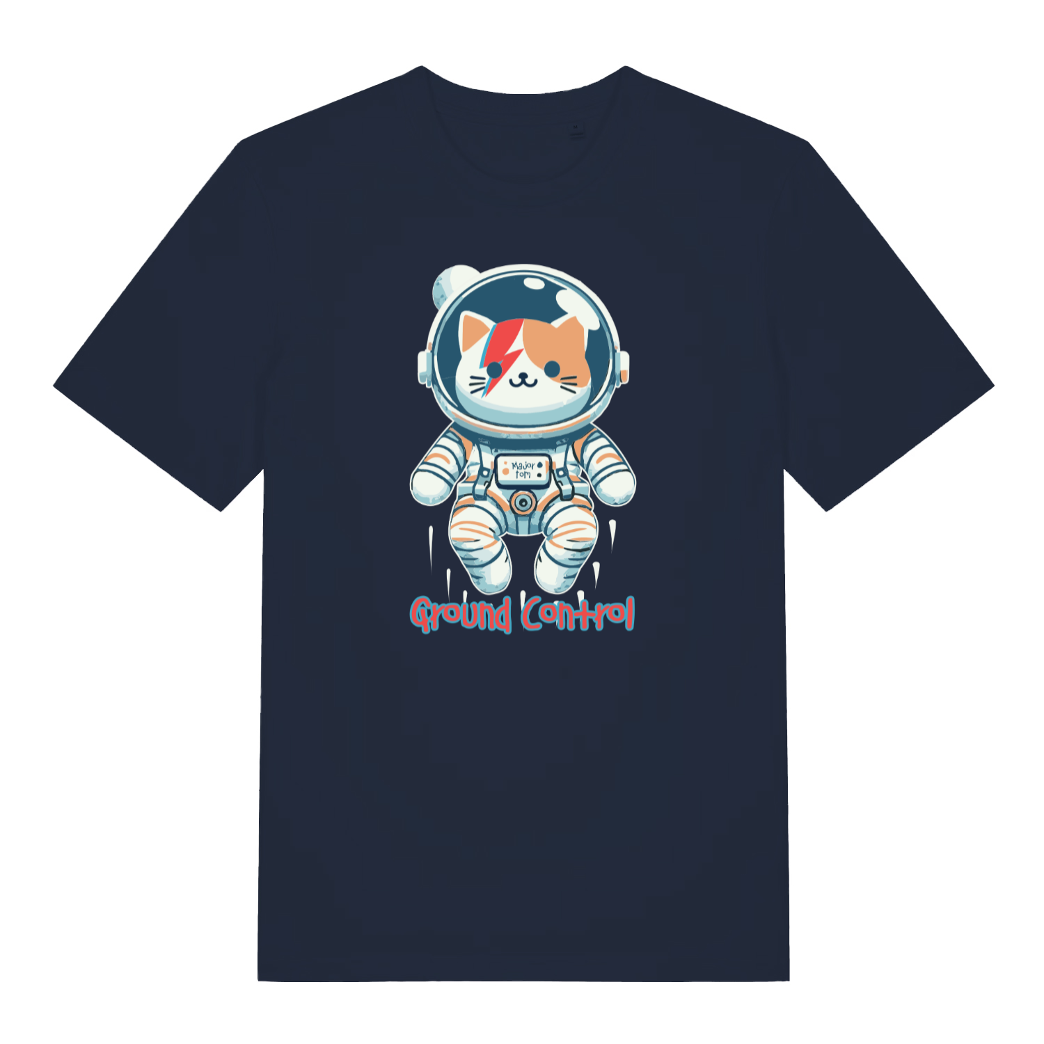 navy funny cat t-shirt with the graphic of a cat dressed as an astronaut and the slogan 'ground control'
