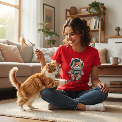 Woman in a red t-shirt with a cat design sitting on the floor with a cat in a living room.