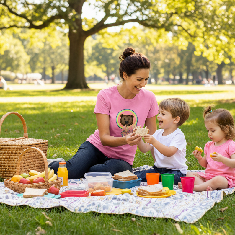 Woman and two children having a picnic in a park