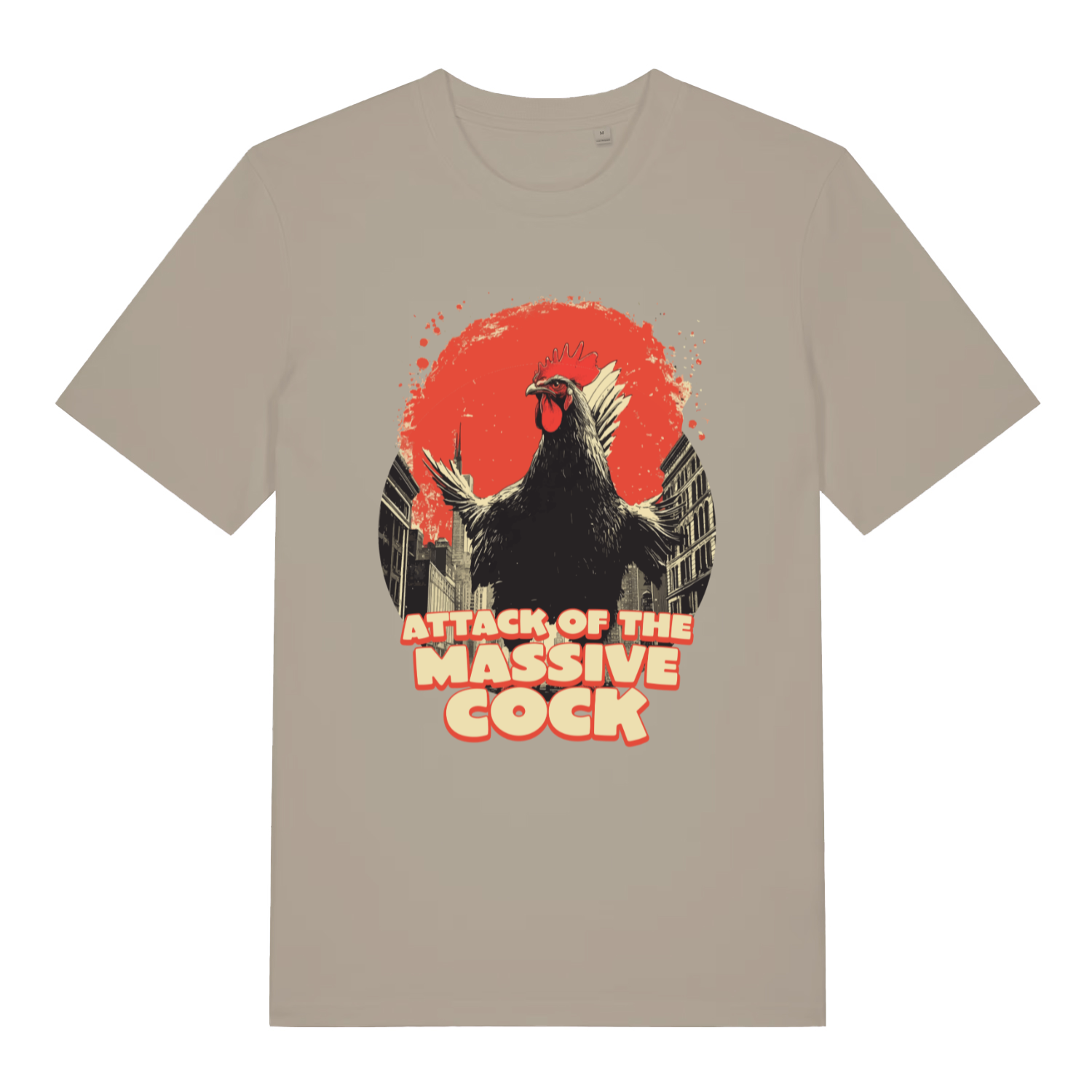 Beige Attack Of The Massive Cock funny graphic t-shirt with giant rooster city attack design and bold text  