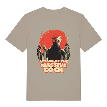Beige Attack Of The Massive Cock funny graphic t-shirt with giant rooster city attack design and bold text  