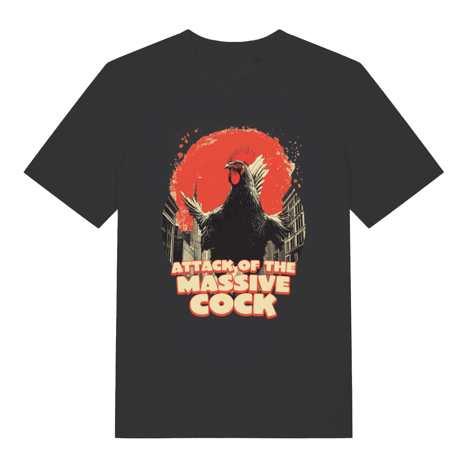 Black Attack Of The Massive Cock funny graphic t-shirt featuring giant rooster movie-poster style design  