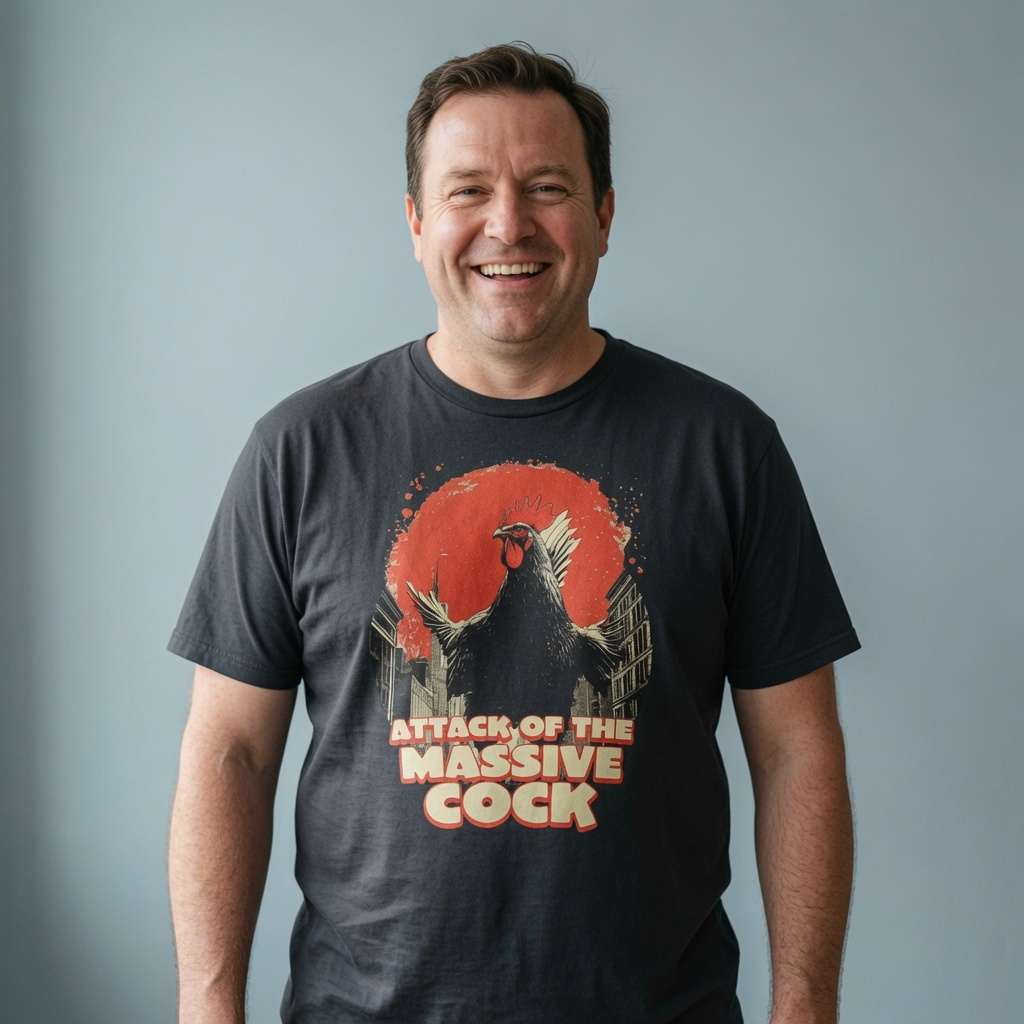 Man smiling in black Attack of the Massive Cock tee with rooster design, witty mens funny cockerel pun graphic