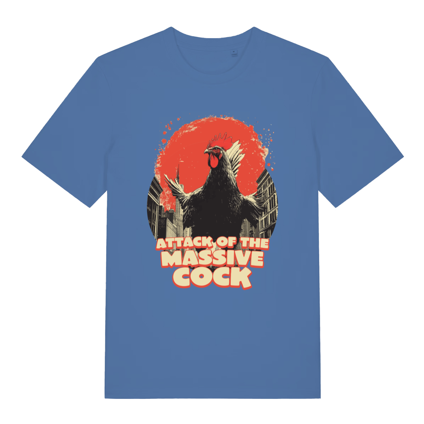 Blue Attack Of The Massive Cock funny graphic t-shirt with sharp giant rooster city destruction graphic  