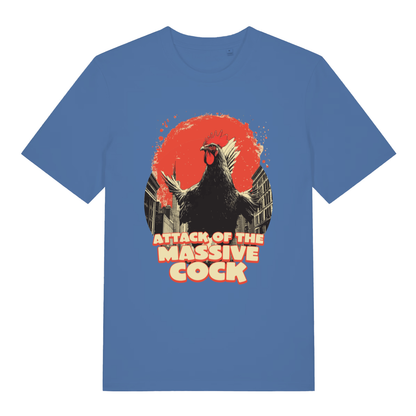 Blue Attack Of The Massive Cock funny graphic t-shirt with sharp giant rooster city destruction graphic  