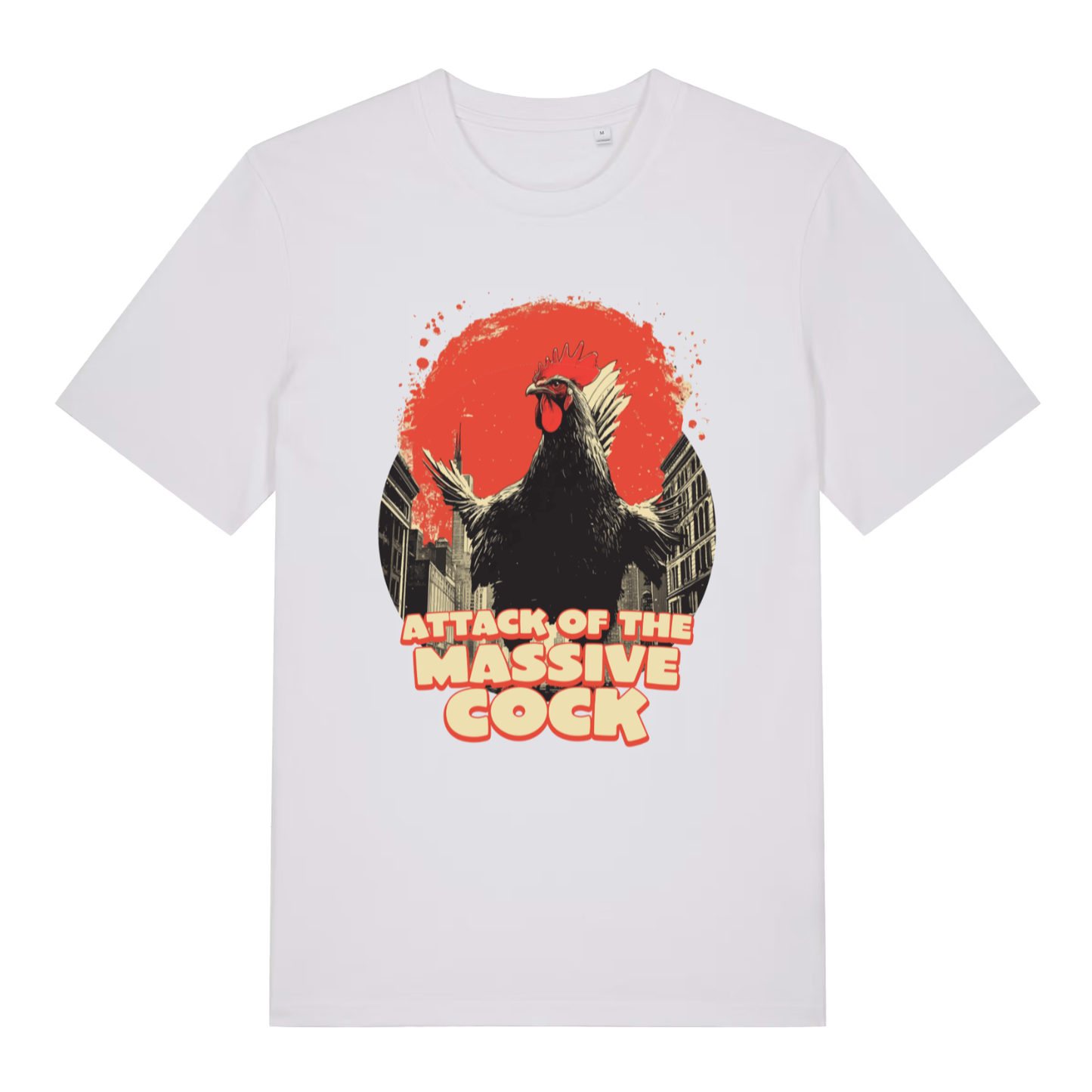 White Attack Of The Massive Cock funny graphic t-shirt featuring retro giant rooster movie-poster graphic  