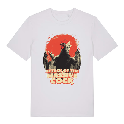 White Attack Of The Massive Cock funny graphic t-shirt featuring retro giant rooster movie-poster graphic  
