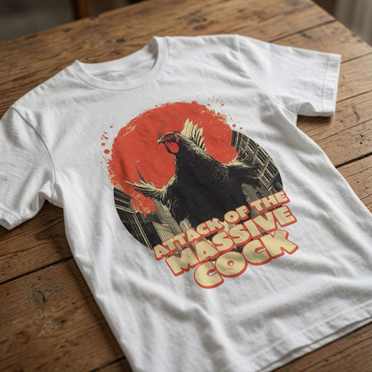White Attack of the Massive Cock t-shirt on wood, humorous mens cheeky rude pun graphic