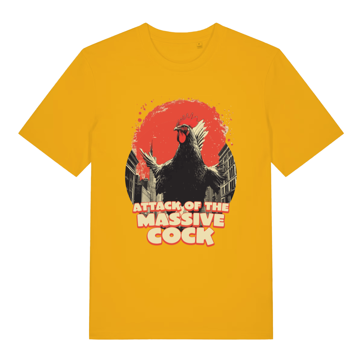 Yellow Attack Of The Massive Cock funny graphic t-shirt with giant rooster city destruction design and bold text  