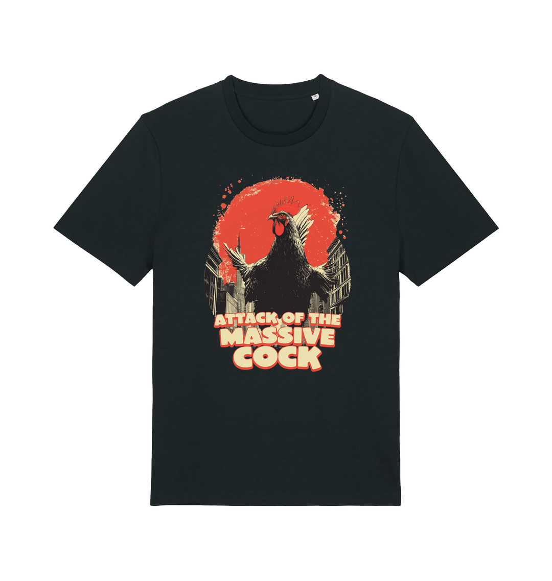 black funny animal t-shirt with the graphic of a rooster and the slogan 'attack of the massive cock'