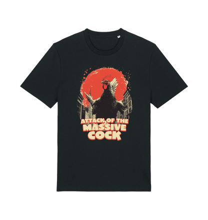 black funny animal t-shirt with the graphic of a rooster and the slogan 'attack of the massive cock'