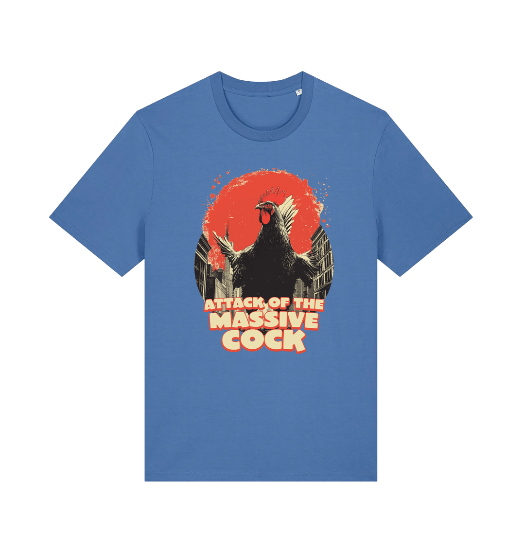 blue funny animal t-shirt with the graphic of a rooster and the slogan 'attack of the massive cock'