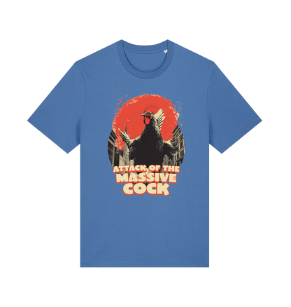 blue funny animal t-shirt with the graphic of a rooster and the slogan 'attack of the massive cock'