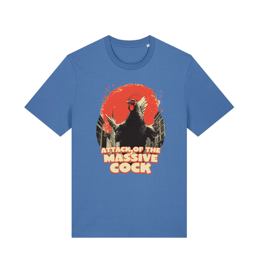 blue funny animal t-shirt with the graphic of a rooster and the slogan 'attack of the massive cock'