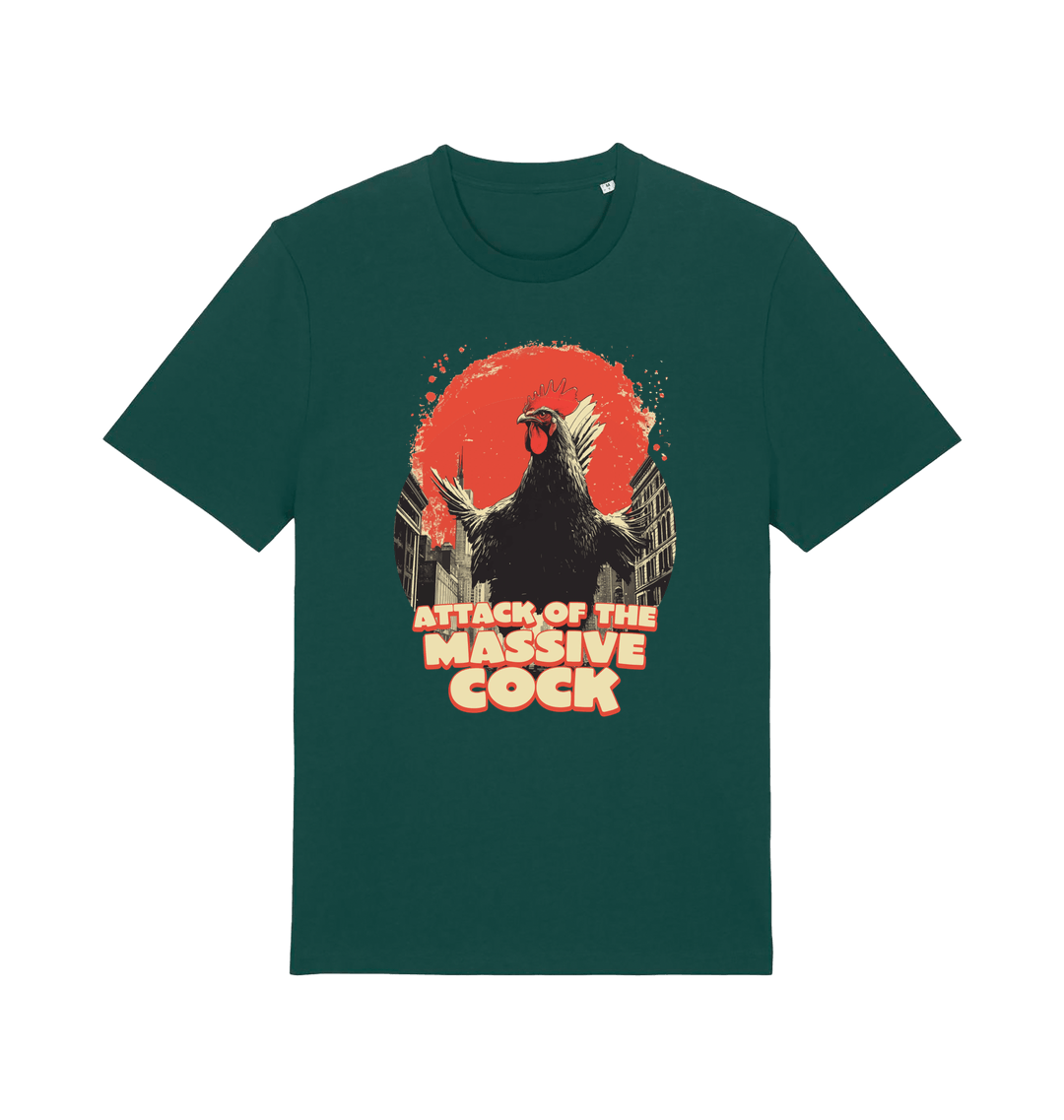 green funny animal t-shirt with the graphic of a rooster and the slogan 'attack of the massive cock'
