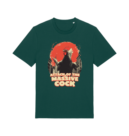 green funny animal t-shirt with the graphic of a rooster and the slogan 'attack of the massive cock'