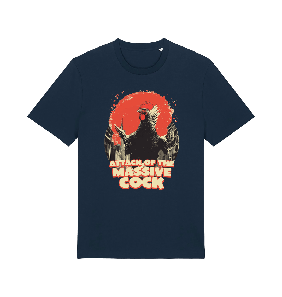 navy funny animal t-shirt with the graphic of a rooster and the slogan 'attack of the massive cock'
