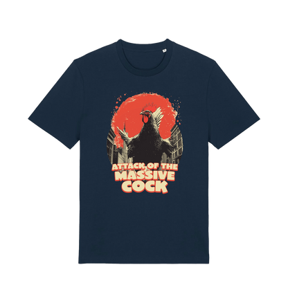 navy funny animal t-shirt with the graphic of a rooster and the slogan 'attack of the massive cock'