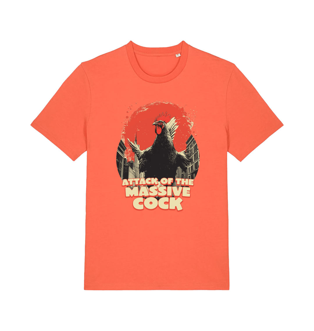 orange funny animal t-shirt with the graphic of a rooster and the slogan 'attack of the massive cock'