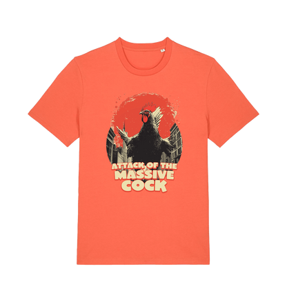 orange funny animal t-shirt with the graphic of a rooster and the slogan 'attack of the massive cock'