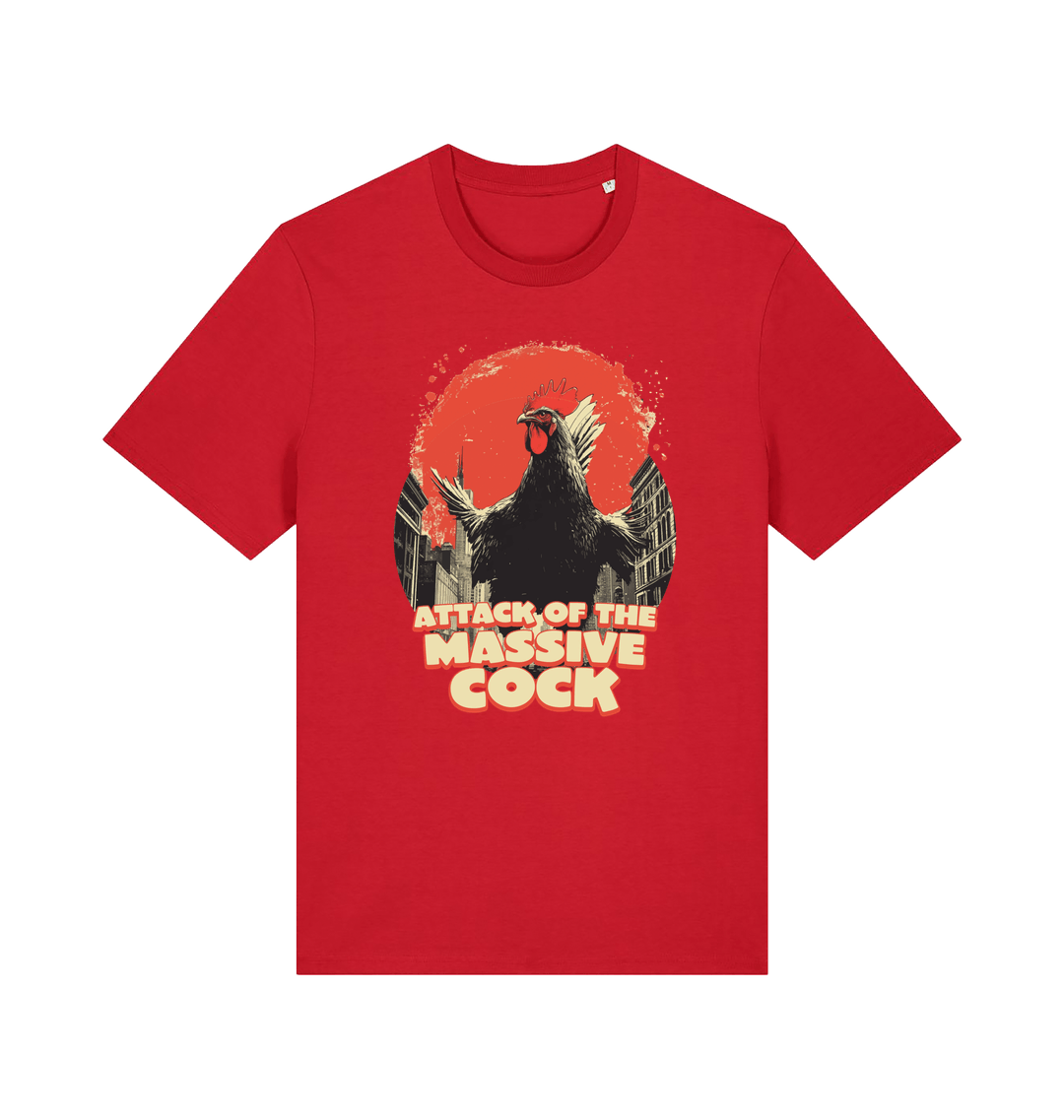 red funny animal t-shirt with the graphic of a rooster and the slogan 'attack of the massive cock'