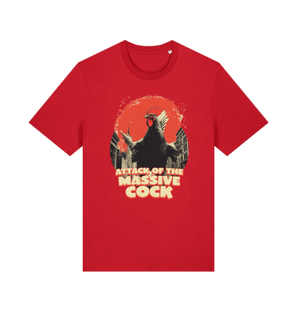 red funny animal t-shirt with the graphic of a rooster and the slogan 'attack of the massive cock'