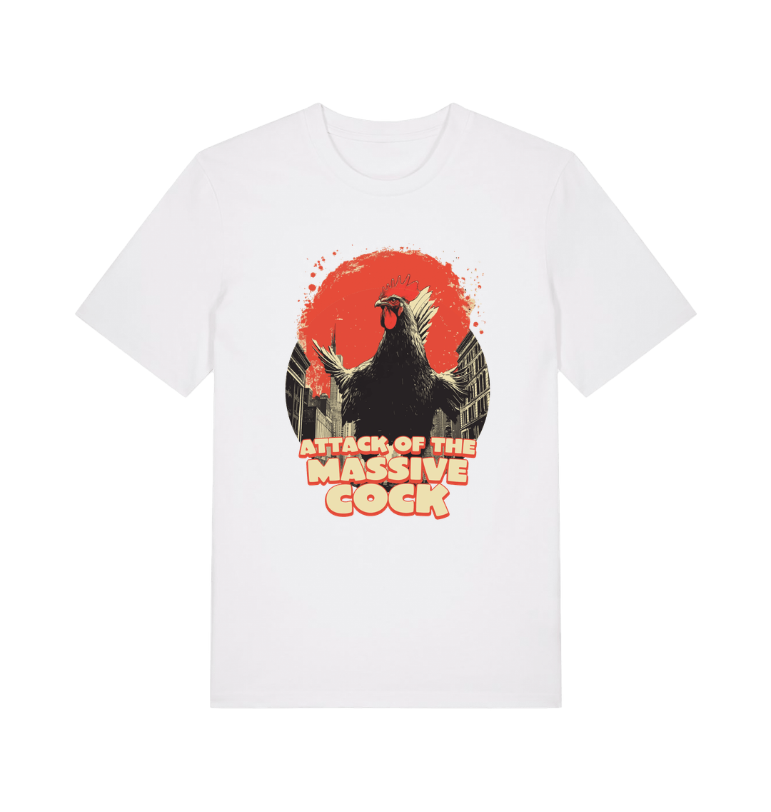white funny animal t-shirt with the graphic of a rooster and the slogan 'attack of the massive cock'