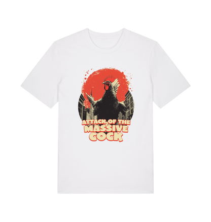 white funny animal t-shirt with the graphic of a rooster and the slogan 'attack of the massive cock'