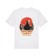 white funny animal t-shirt with the graphic of a rooster and the slogan 'attack of the massive cock'