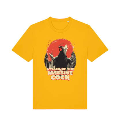 yellow funny animal t-shirt with the graphic of a rooster and the slogan 'attack of the massive cock'