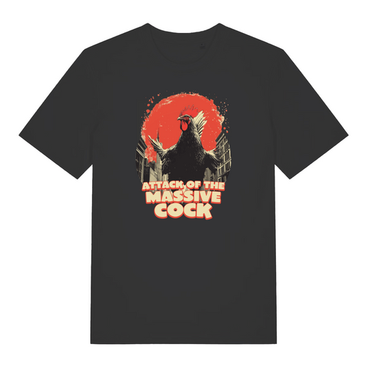 black funny offensive t-shirt with the graphic of a cockerel and the slogan 'attack of the massive cock'