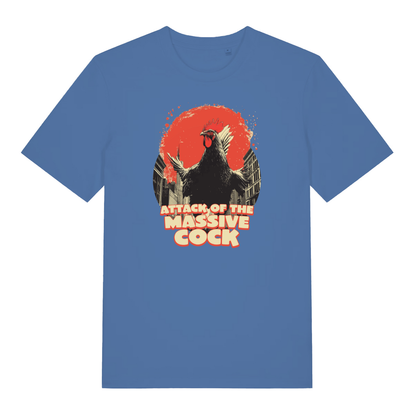 blue funny offensive t-shirt with the graphic of a cockerel and the slogan 'attack of the massive cock'