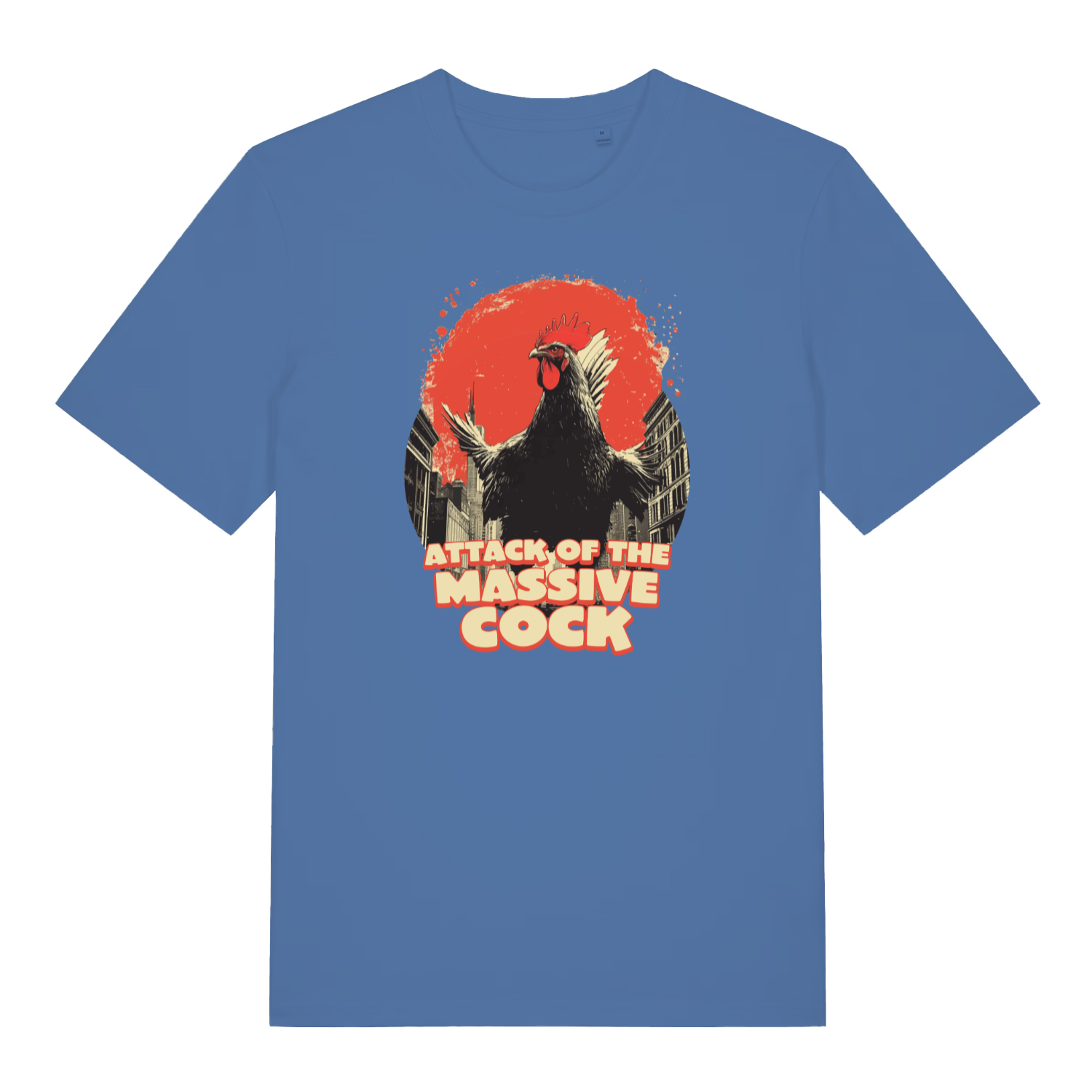 blue funny offensive t-shirt with the graphic of a cockerel and the slogan 'attack of the massive cock'