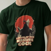 Black funny offensive t-shirt with 'Attack of the Massive Cock' cockerel graphic design
