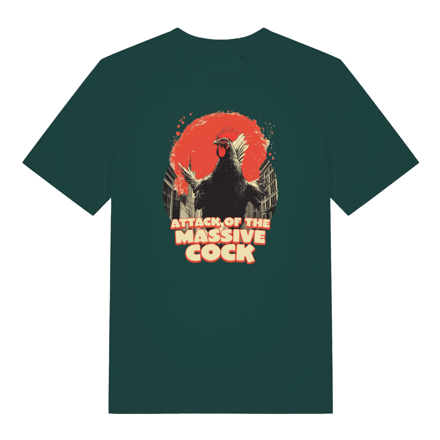green funny offensive t-shirt with the graphic of a cockerel and the slogan 'attack of the massive cock'