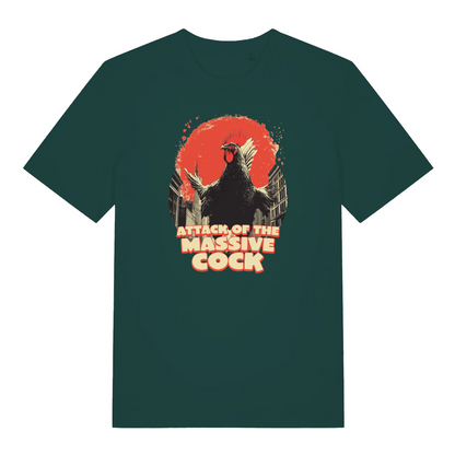 green funny offensive t-shirt with the graphic of a cockerel and the slogan 'attack of the massive cock'