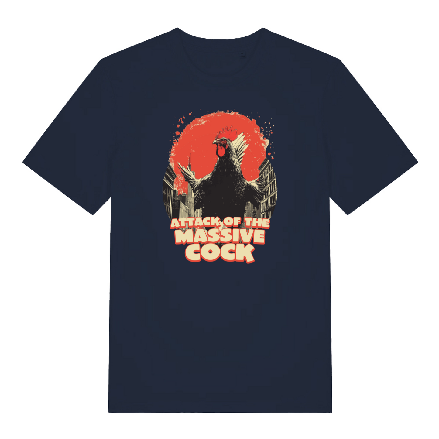 navy funny offensive t-shirt with the graphic of a cockerel and the slogan 'attack of the massive cock'