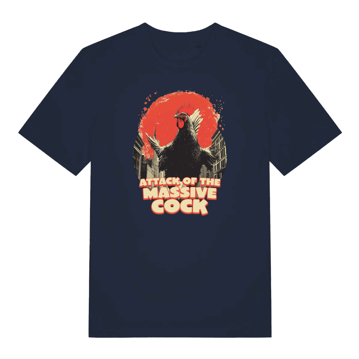 navy funny offensive t-shirt with the graphic of a cockerel and the slogan 'attack of the massive cock'